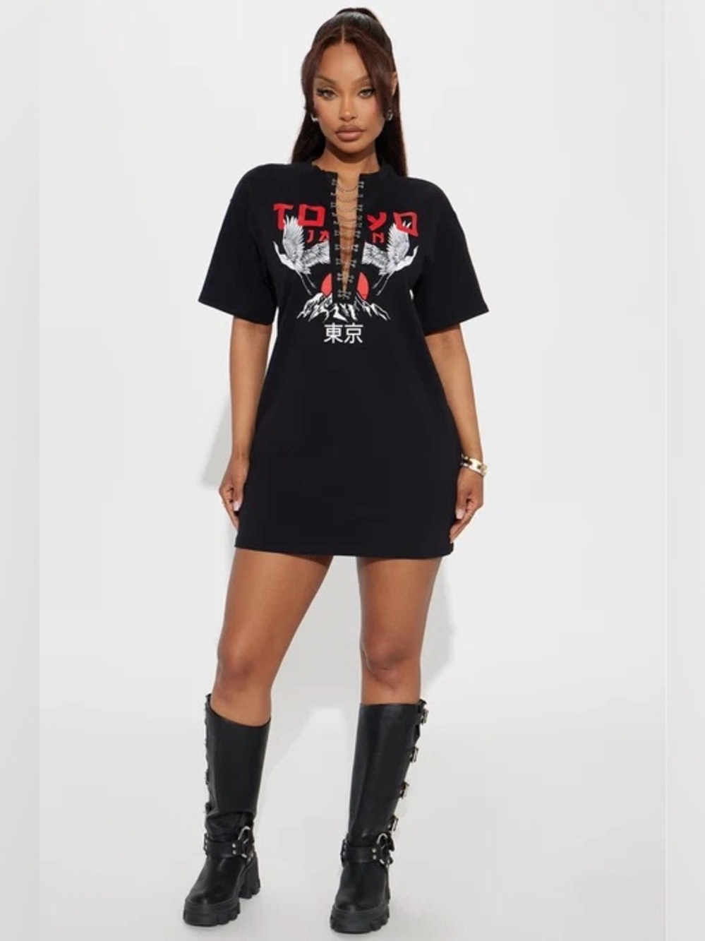 Fashion Nova Black Lace-Up Tee Dress with Red & White Graphic